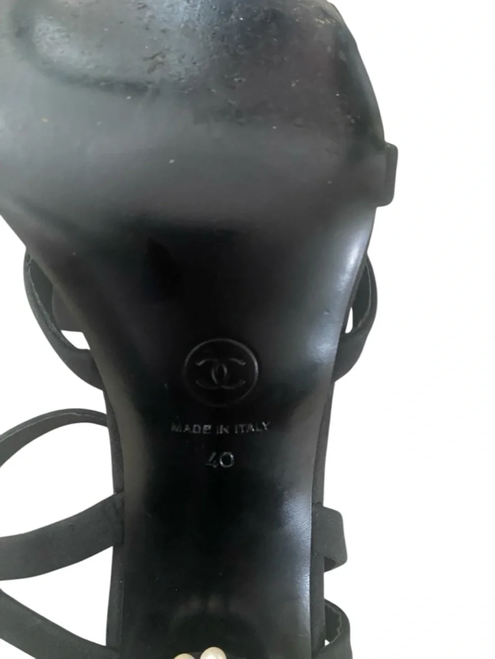 CHANEL Black Satin Strappy Heels with Pearl & Crystal Ornaments size 40